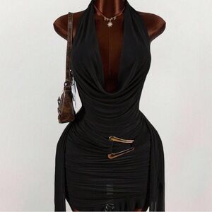 Black Draped Halter Bodycon Dress
